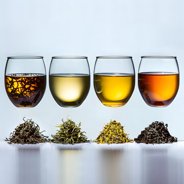 verity of tea powders and tea glasses on white background