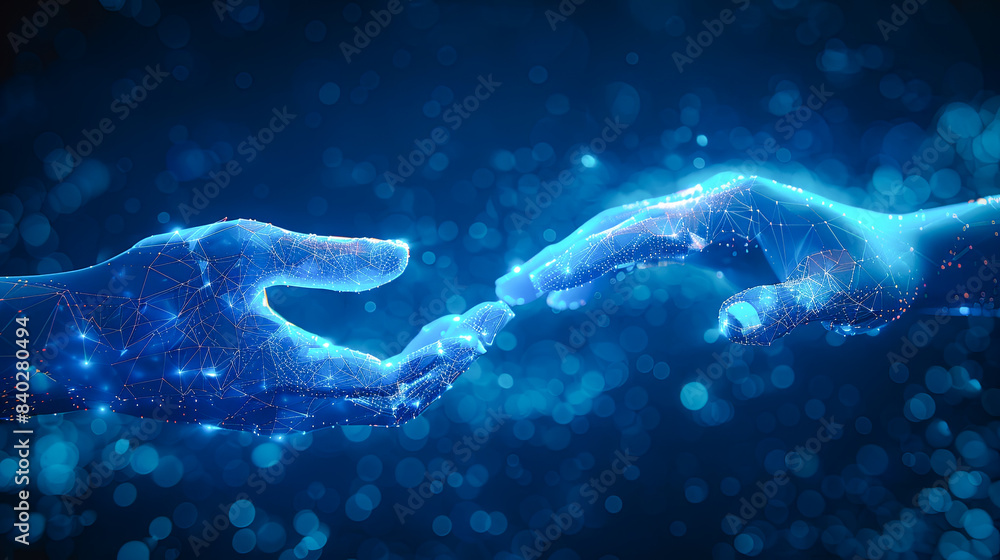 Poster conceptual background image with polygonal human hands touching each other
