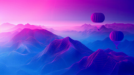 3D Rendered Wireframe Mountains with Two Hot Air Balloons in a Blue and Purple Sky - Digital Art, Technology, and Adventure Concept.