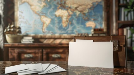 Global Wanderlust A Luxurious Travel Advisor's Office with Exotic Destinations Business Cards and World Map