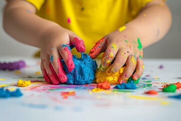 Naklejka premium Child hands moulding colourful clay on a white table