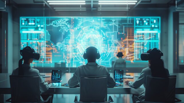3D render of A futuristic boardroom, with businesspeople wearing advanced headsets, analyzing data on a giant holographic statistical graph, symbolizing the future of financial decision-making,