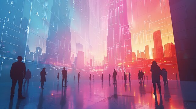 holographic of A silhouette of businesspeople standing around a massive statistical graph projected onto a skyscraper, with a breathtaking cityscape as a backdrop, emphasizing scale and ambition,