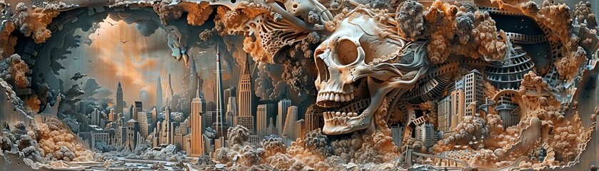 Digital artwork depicting a post-apocalyptic cityscape with a giant skull and eerie atmosphere, symbolizing destruction and decay.