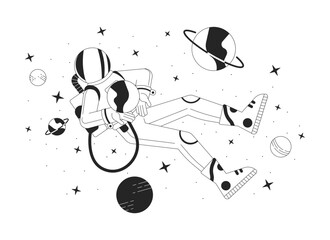 Astronaut in outer space black and white 2D illustration concept. Person wearing protective costume in cosmos cartoon outline character isolated on white. Lo fi theme scene vector color image © IMGvisualsCharacters