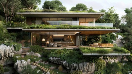 Fototapeta premium Natural Elegance Sustainable Luxury Villa with Living Roof and Blending Landscape Design EcoFriendly Architecture and Interior Decor