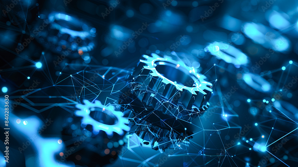 Poster 3d rendering of gear mechanism on dark background with connection lines and dots