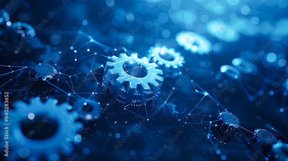 Poster 3d rendering gear wheels on blue background with connection lines and dots