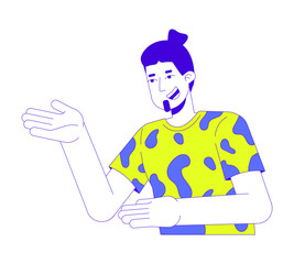 Influencer man gesturing demonstrating 2D linear cartoon character. Friendly smiling caucasian bearded male isolated line vector person white background. Presentation color flat spot illustration