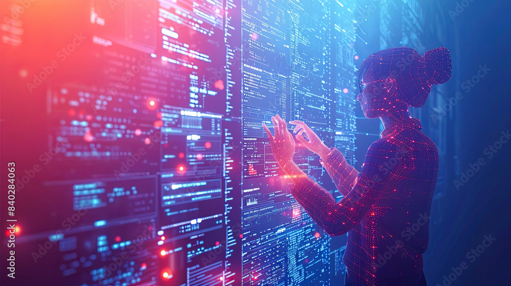 Aufkleber young woman in virtual reality headset touching screen with binary code. future and technology conce