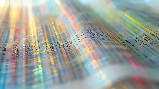 mimeograph lithograph Holographic of A close-up of a financial document with a hidden code embedded within the text, revealed as a statistical graph when the document is held up to a light source,