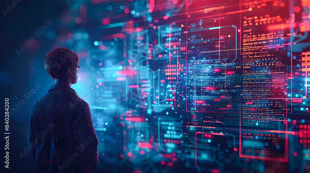 Poster back view of young hacker using digital code interface. hacking and malware concept. double exposure