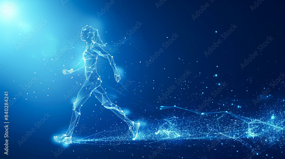 Poster wireframe of a running man made of particles on a blue background