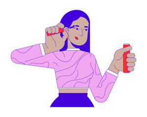 Middle eastern young woman mascara applying 2D linear cartoon character. Arab female eyelashes brushing isolated line vector person white background. Makeup artist color flat spot illustration