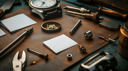 Exquisite Timepiece Crafting Precision Watchmaker Tools on Leather Background