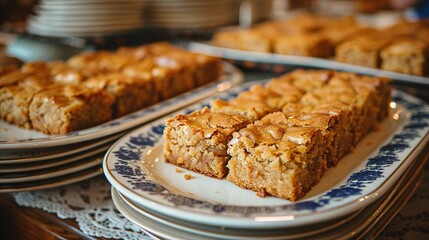   A close-up of a plate of food on a table surrounded by other plates of food