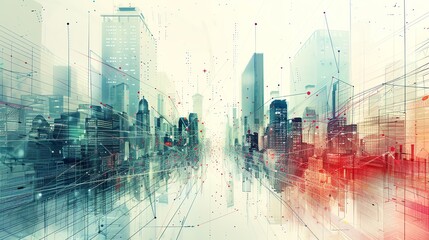 Modern Art Surrealism of A surreal cityscape with towering bank buildings and a network of connecting statistical graphs, representing the interconnectedness of financial institutions., Leading