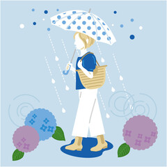 傘をさす女性とあじさいのイラスト