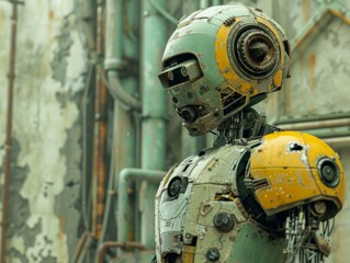 Retro Robot in Dystopian Future - A Vintage Mechanical Android Amidst Futuristic Decay