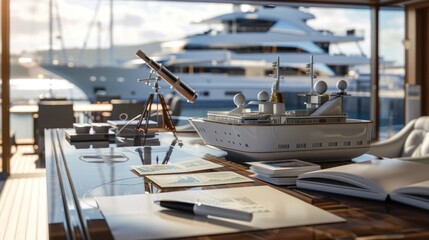 Fototapeta premium Seafaring Dreams Luxury Yacht Broker's Office with Model Yachts Nautical Charts and Telescope Professional Marina Workspace for Business Cards and Maritime Enthusiasts