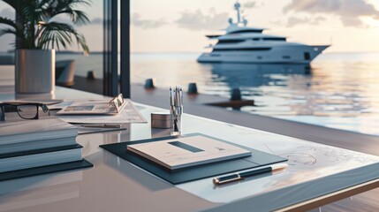 Fototapeta premium Seafaring Dreams Luxury Yacht Charter Office with Business Cards Model Yachts and Nautical Charts