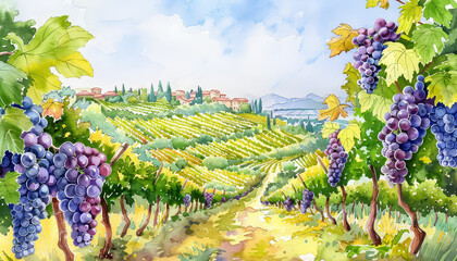 A painting of a vineyard with grapes hanging from the vines