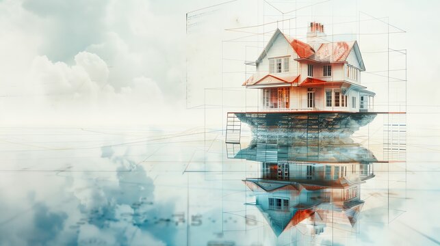 mimeograph lithograph Holographic of A surreal scene with a giant, floating house, with statistical graphs representing real estate investment opportunities appearing around the house, symbolizing