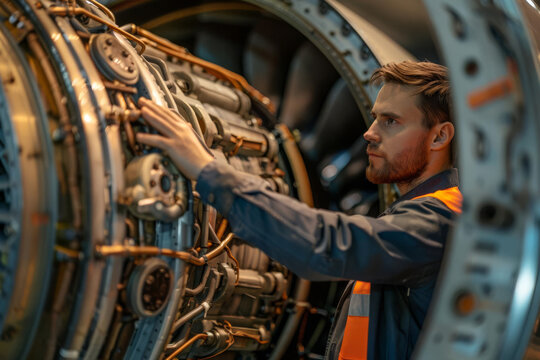 Transportation Logistics, Airplane mechanic inspecting an aircraft engine