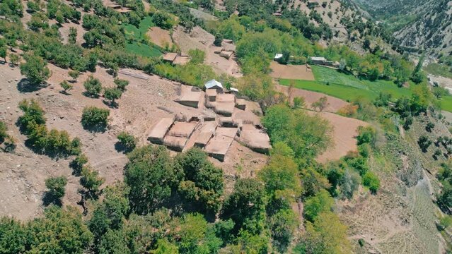 Aerial top down drone footage of Kalash Valley and Chilam Joshi Festival , Rumbur , Chitral, Pakistan
