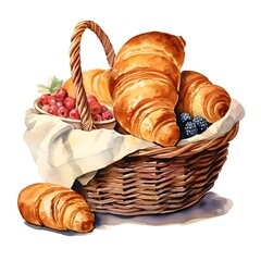 Basket of Delectable Pastries with Croissants and Muffins on White Background