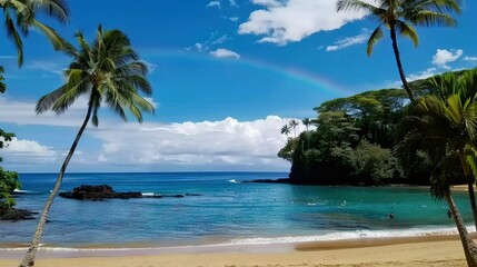 Fototapeta premium A stunning beach scene with palm trees, a rainbow in the sky, and swimmers enjoying the clear water