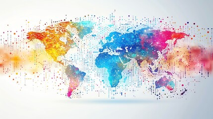 Fototapeta premium line art stick figures holographic of A stylized representation of a world map, with statistical graphs representing economic indicators appearing as vibrant, pulsing dots and lines, highlighting