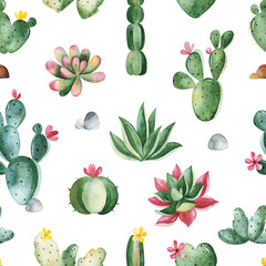 Watercolor cute seamless texture with succulents,cactus,flowers,stones and branches. Tropical collection.Perfect for your project, background,wallpapers,prints, textile etc