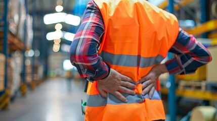 Warehouse worker with back pain wearing a safety vest in a busy industrial setting. Focus on workplace safety and health. Ideal for business, industry, and safety related content. AI