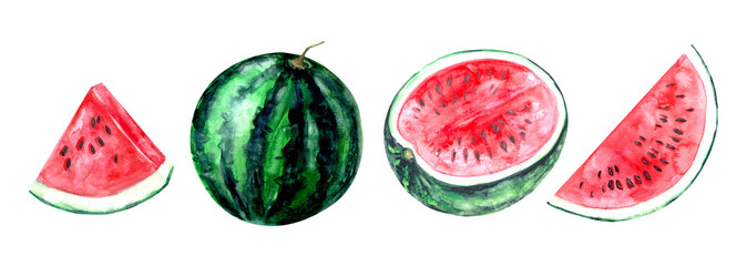 Hand drawn watercolor watermelon whole and half cut slice fruit illustration.