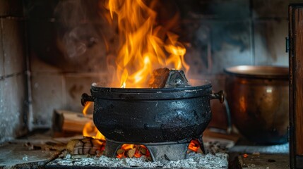 Fire in old traditional village oven in rustic style. Pot of soup near the burning wood