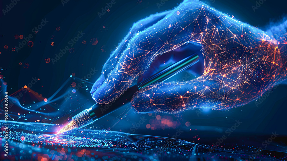 Poster artificial intelligence (ai), machine learning and big data concept. polygonal human hand with pen a