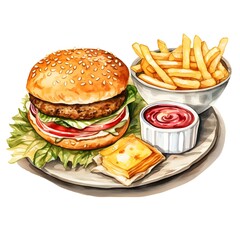 Watercolor Illustrated Picnic Plate with Burger and Fries