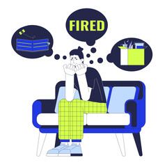 Caucasian man with obsessive thoughts 2D linear cartoon character. European man unemployed isolated line vector person white background. Dismissed guy on sofa color flat spot illustration