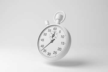White stopwatch floating in mid air on white background in monochrome and minimalism. Illustration of the concept of timing, countdown, speed, urgency and deadlines
