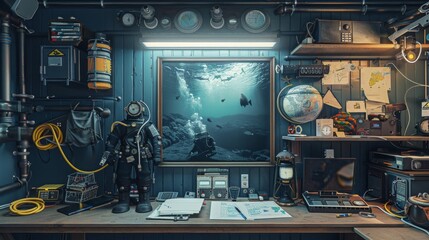 Underwater Exploration Marine Researcher's Command Center with Sonar Equipment Diving Suit and Blank Business Cards Nautical Adventure and Discovery Concept