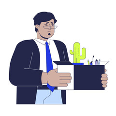 Unhappy dismissed arab man 2D linear cartoon character. Unemployed middle eastern male carrying stuff isolated line vector person white background. Firing crisis color flat spot illustration