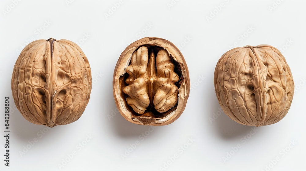 Poster close-up photo of three walnuts in a row on a white background. one walnut is opened showing the ker