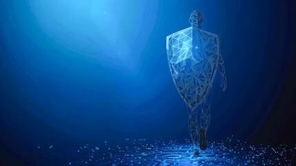 Abstract silhouette of a man on a dark blue background. Polygonal wireframe illustration