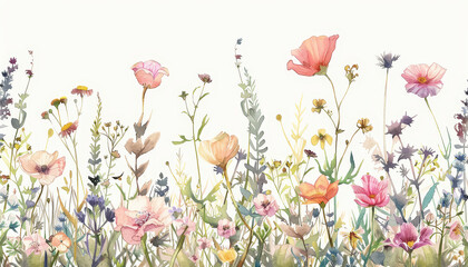 A painting of a field of flowers with a variety of colors and types