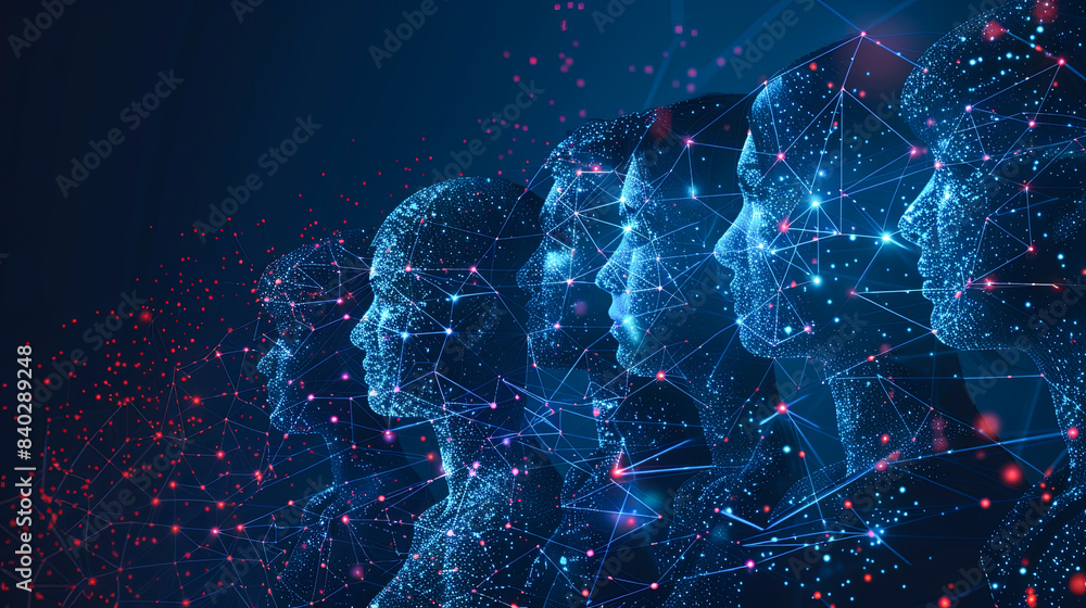 Poster abstract polygonal human heads with connection lines and dots. artificial intelligence concept. 3d r