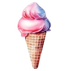 Whimsical Watercolor of Soft Serve Ice Cream Cone on White Background
