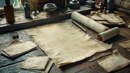 Timeless Elegance Master Calligrapher's Studio with Blank Business Cards Inkwells Nibs and Elegant Script on Parchment Creative Workspace for Artistic Inspiration and Professional Branding