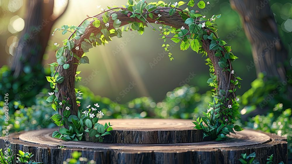 Aufkleber empty wooden podium with arch of tree branch and green leaves in magical forest for product display 