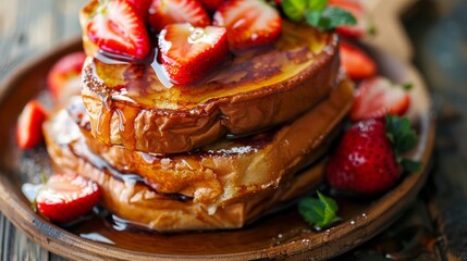 french toast with strawberries and syrup